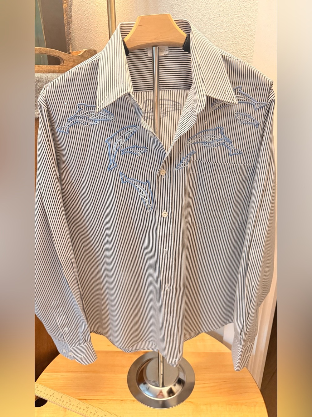 Classy touch Striped White & Blue Button-Up Shirt with dolphin Embroidery